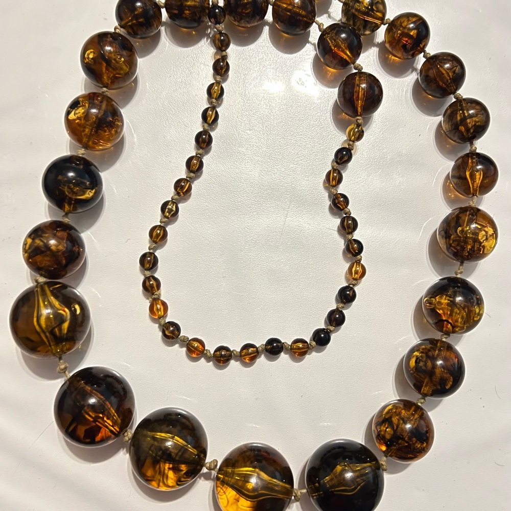 Long Elegant Amber Beaded Necklace - single knotted